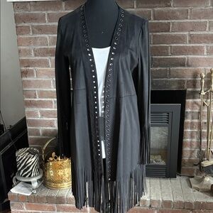 Zara Black Women's Jacket with Fringe and Eyelet Details